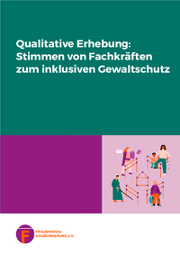 Eine A4-Seite, auf der es eine große grüne Fläche, eine kleinere dunkel-lila Fläche und eine hell-lila Fläche mit Illustrationen gibt. Auf der grünen Fläche steht: "Qualitative Erhebung: Stimmen von Fachkräften zum inklusiven Gewaltschutz"